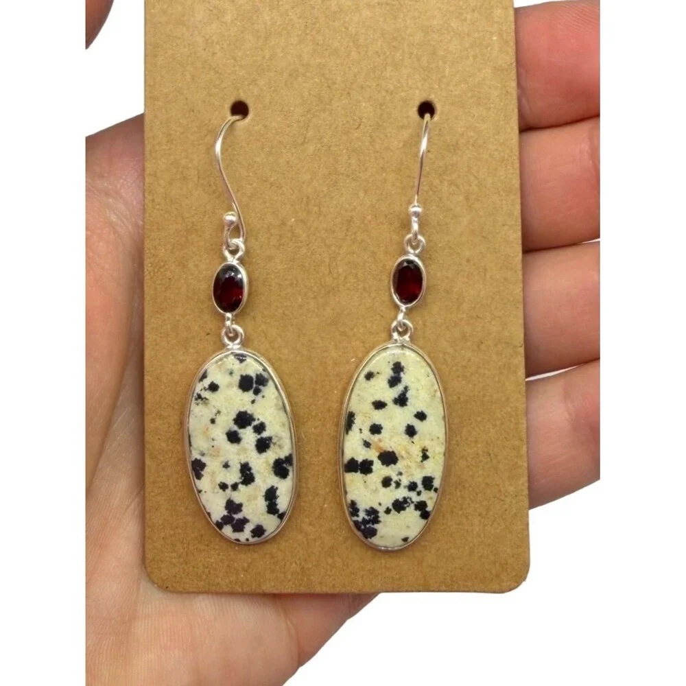Dalmatian Jasper Garnet Earrings Solid 925 Sterling Silver